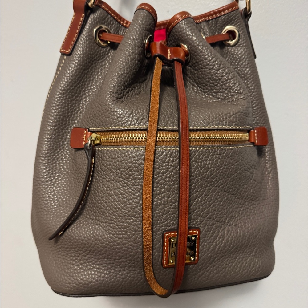 Gray Pebbled Leather Drawstring Bucket Bag with Tan Trim
